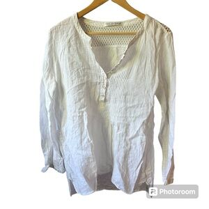 Max Volmary Diamonds and Pearls White Button Up Beach Shirt Size 8 100%‎ Linen